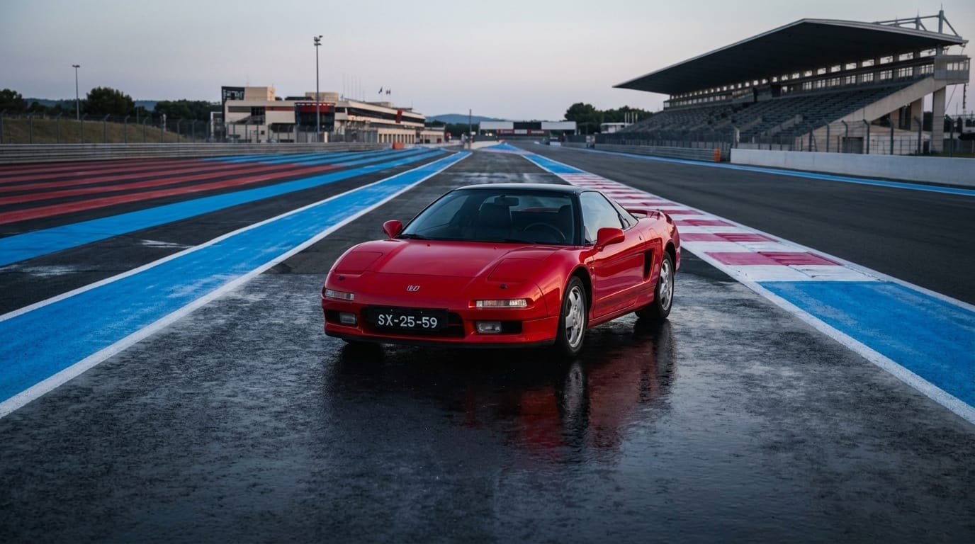 A red 1990 Honda NSX parked on a damp racetrack apron with blue and red painted run-off lines under dusk sky.