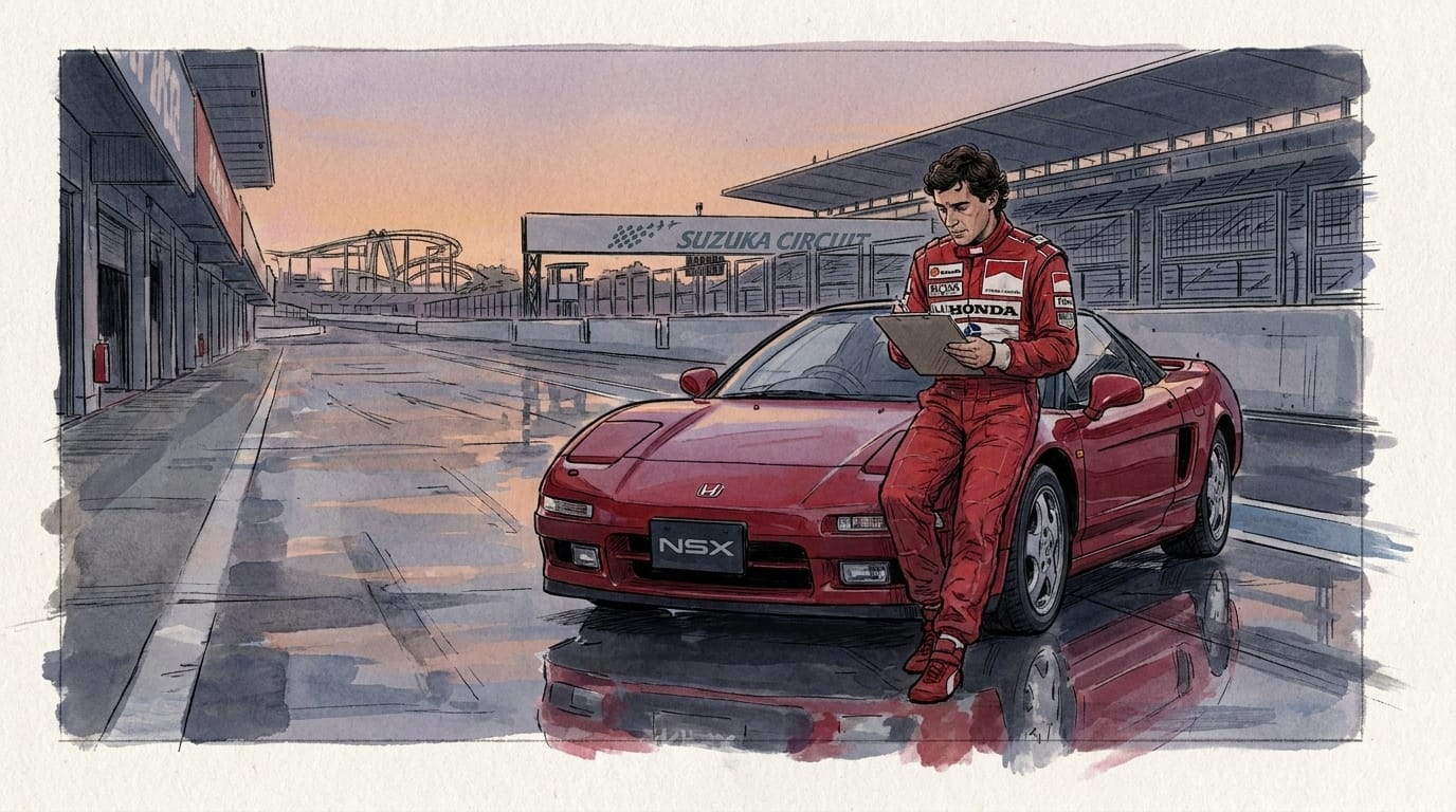 An illustration of Ayrton Senna leaning on a red Honda NSX with a clipboard at the Suzuka pit apron at dusk.
