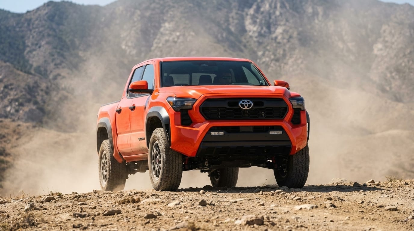 An orange Toyota Tacoma TRD Off-Road truck drives along a rocky dirt ridge against a mountain backdrop with dust swirling behind it.