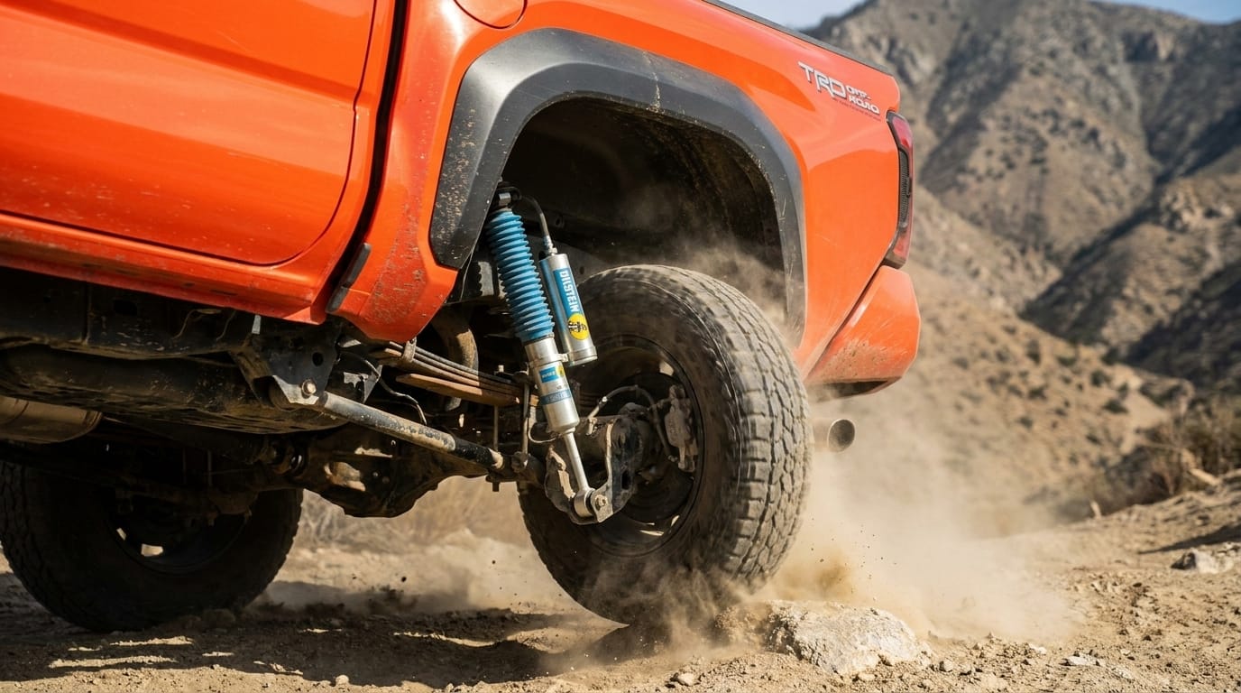 Close-up of a blue rear shock absorber assembly on a bright orange truck over dusty terrain.