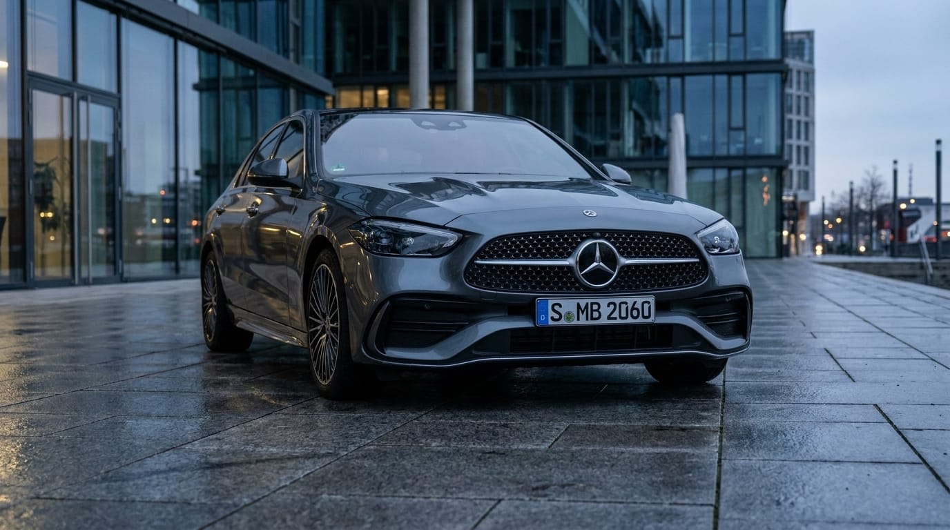 En mörkgrå Mercedes-Benz C-Klass står parkerad på en fuktig stenbelagd plats i skymningsljus med moderna glasbyggnader i bakgrunden.