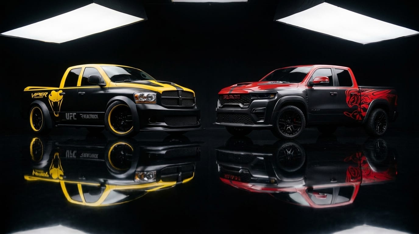 Two custom Ram trucks, one black with yellow accents and one charcoal with red graphics, parked in a reflective dark studio.