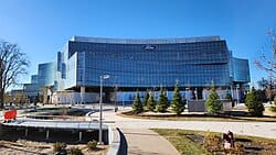An exterior view of the Ford Motor Company building on a clear sunny day.