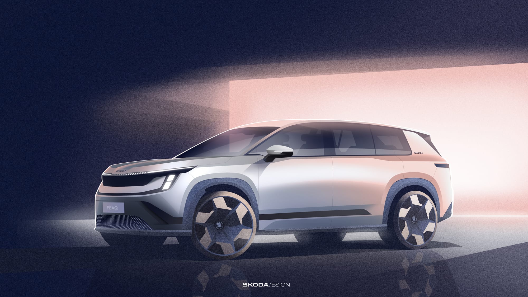 A digital design sketch of the Skoda Peaq vehicle in a light gray color with distinctive geometric wheels and a modern futuristic aesthetic against a dark textured background.