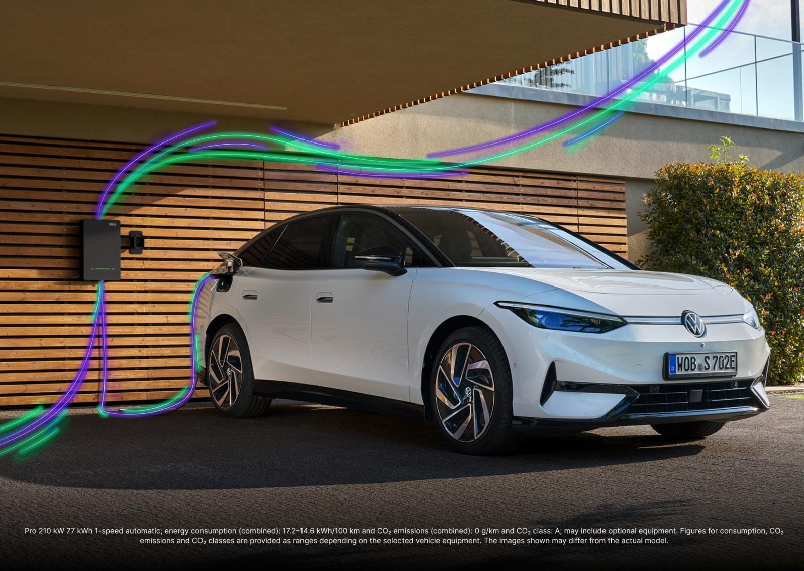 A white Volkswagen electric vehicle parked in a modern carport, connected to a wall charging station with stylized glowing energy lines flowing around it.