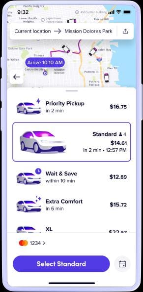 A screenshot of the Lyft app interface showing ride options and map.