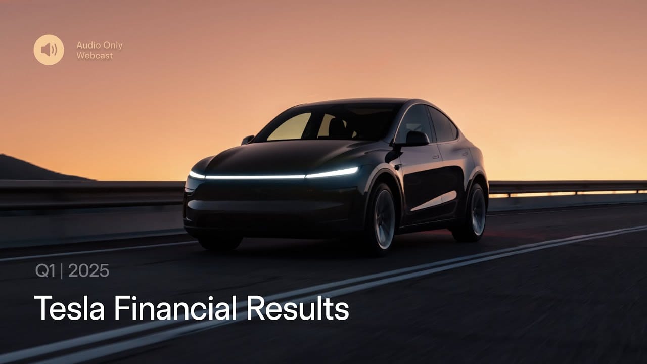 A dark Tesla vehicle driving on a highway during sunset, with overlay text announcing Q1 2025 Tesla Financial Results and an Audio Only Webcast icon.