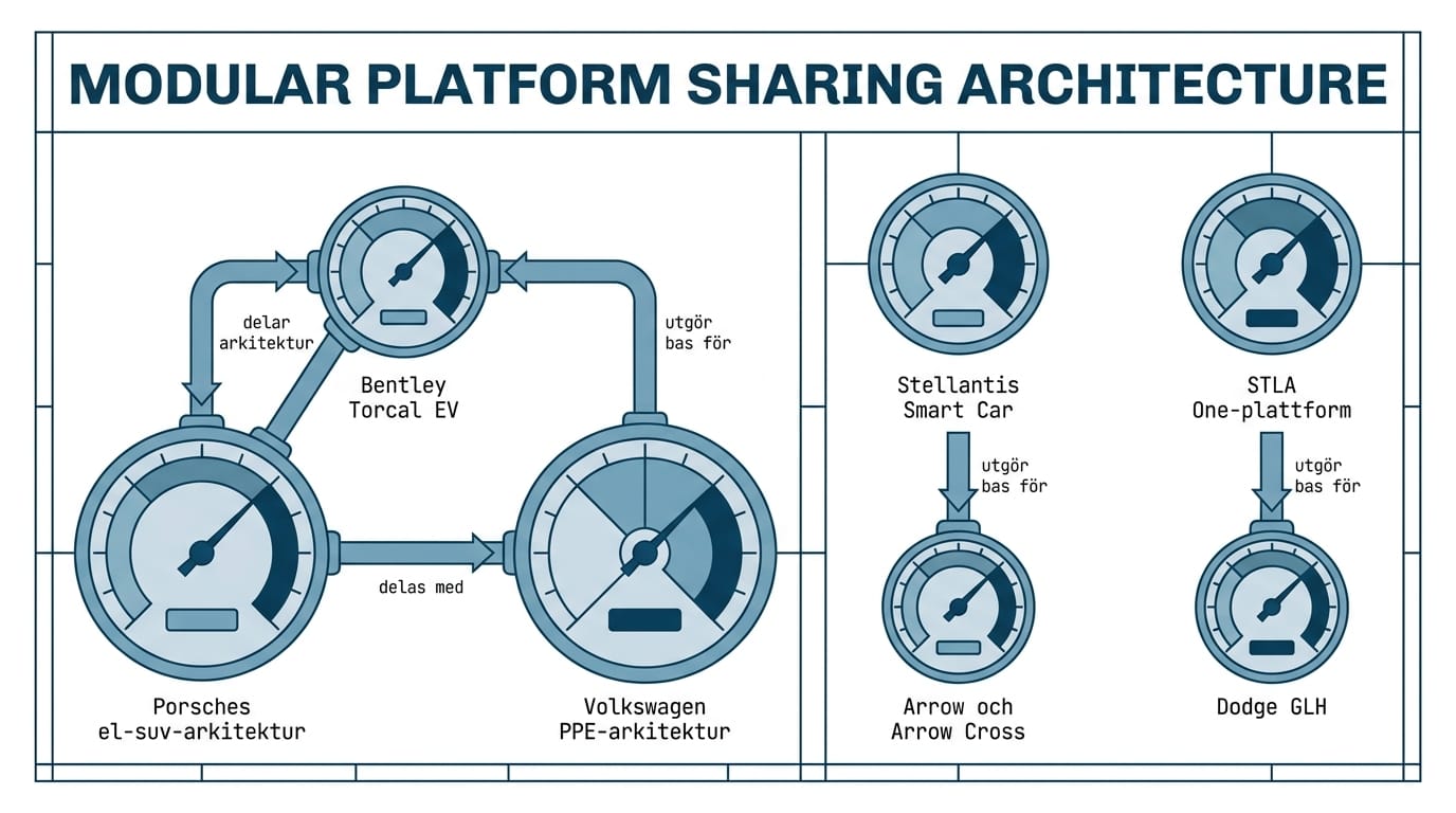 Ett systemdiagram som visar Modular Platform Sharing Architecture med relationer mellan olika fordonsplattformar.