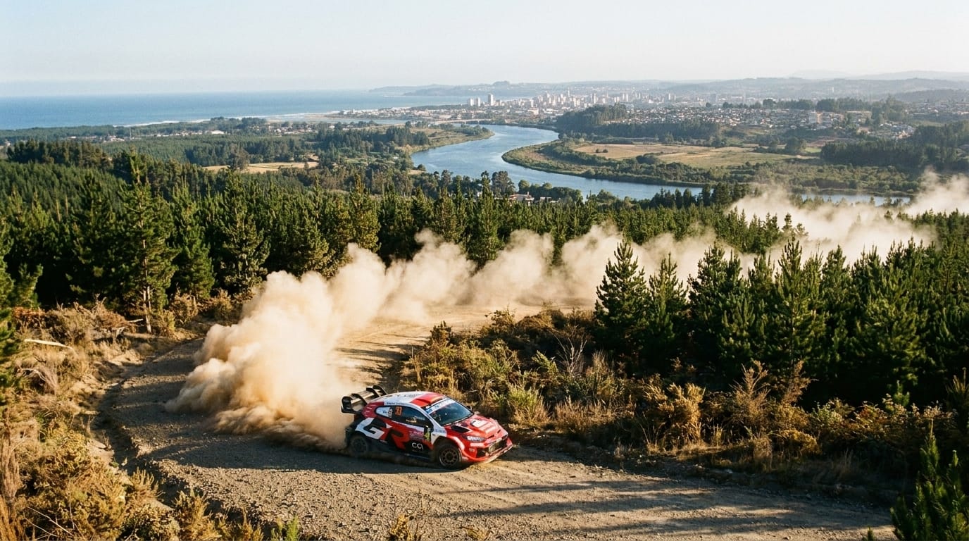 En röd rallybil sladdar på en grusväg i skogen och yr upp ett stort moln av damm, med en flod och stad i bakgrunden.