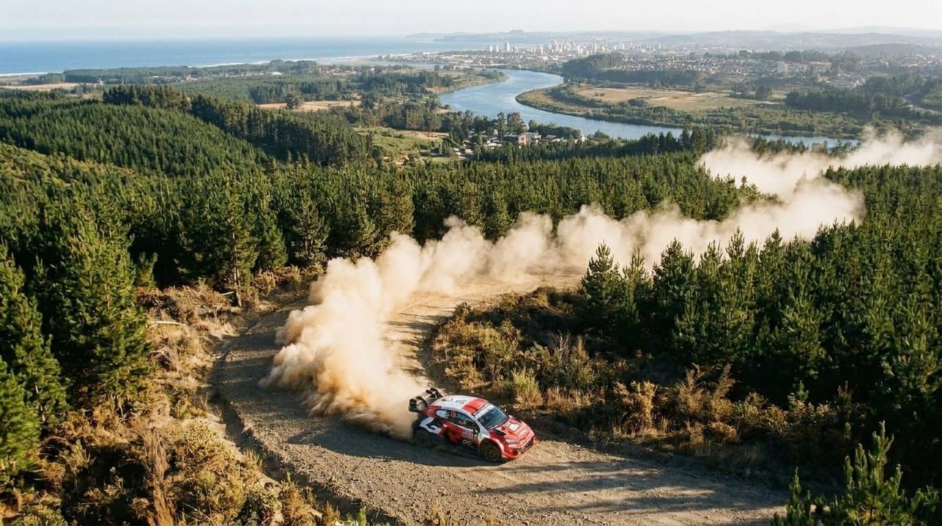 Ett översiktligt fågelperspektiv över ett chilenskt rallylandskap med grusvägar genom skog och kuperad terräng.