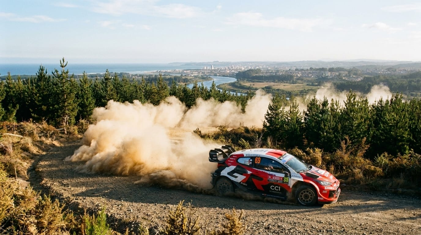 En röd och vit rallybil kör på en grusväg i ett skogslandskap med ett hav och en stad i bakgrunden, upporkande ett stort moln av damm.