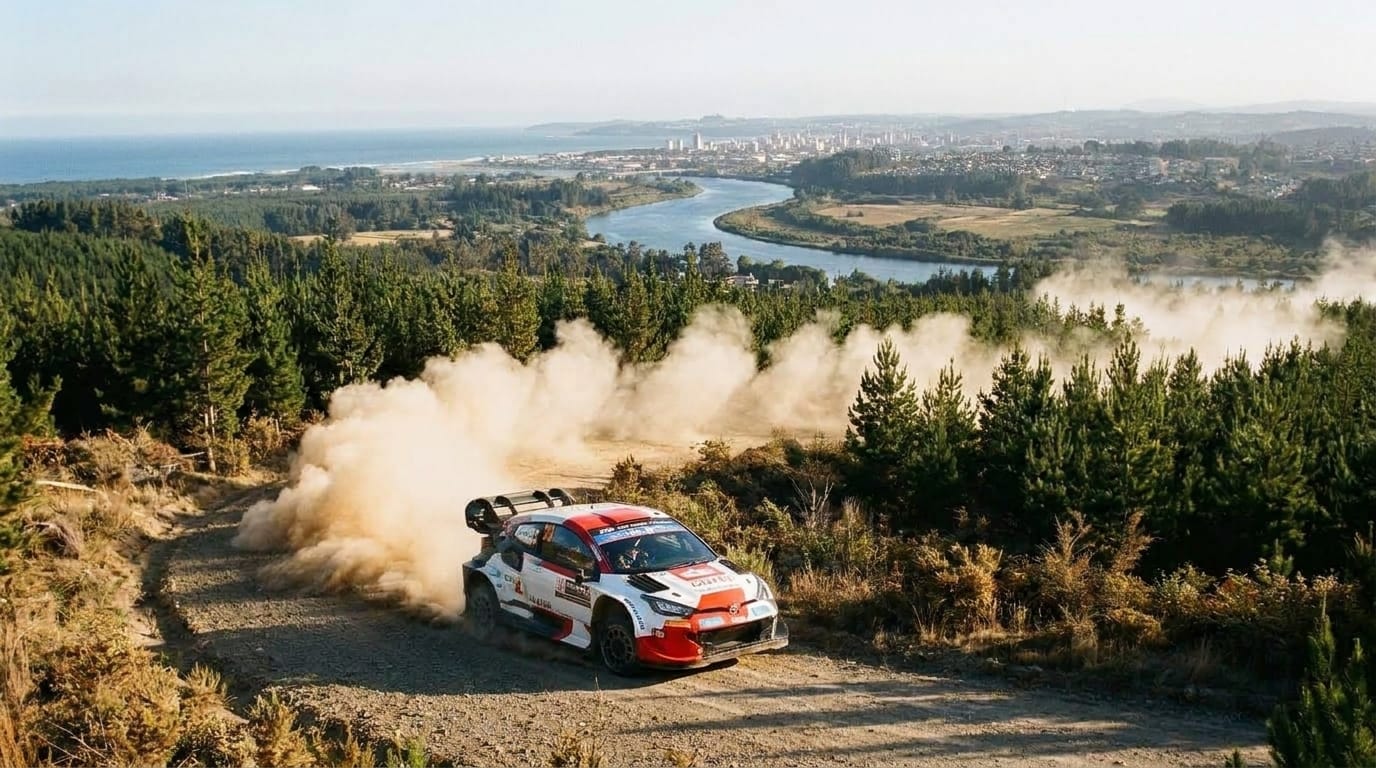En röd och vit rallybil kör på en grusväg i skogen under WRC Rally Chile, med ett stort moln av damm bakom sig och en flod med städer i bakgrunden.