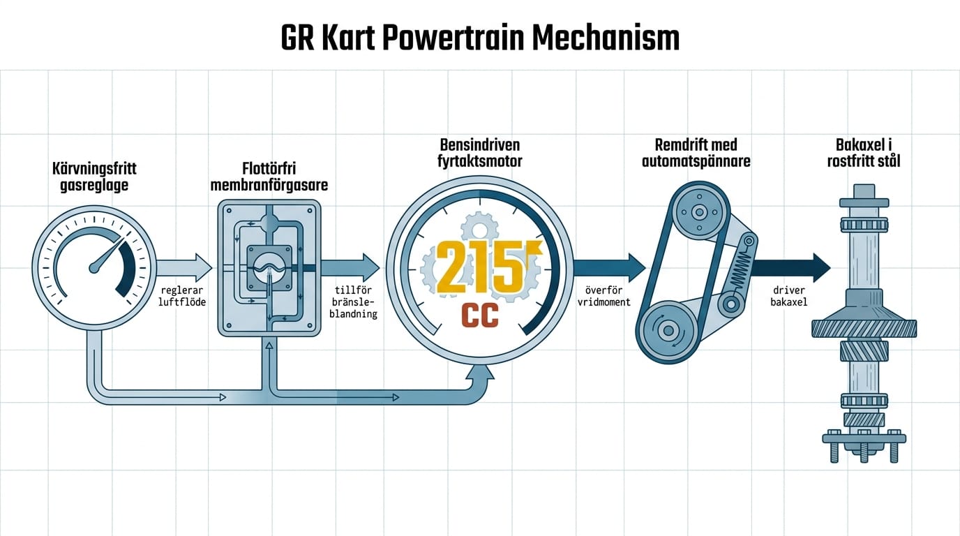 Diagram över drivlinans mekanism i en GR-gokart, från gasreglage till bakaxel.