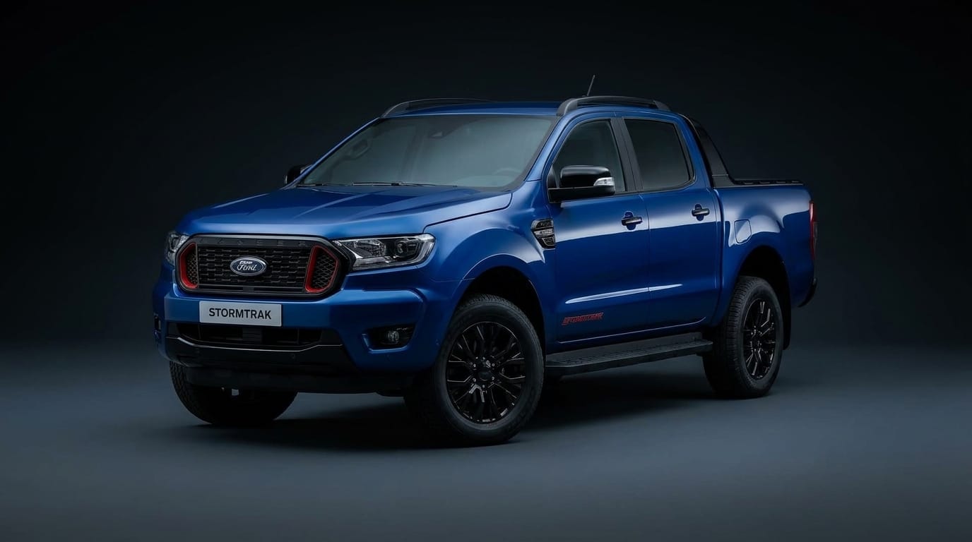 Ford Ranger Super Duty i blått, sedd från höger fram i en mörk studio med mjuk belysning.