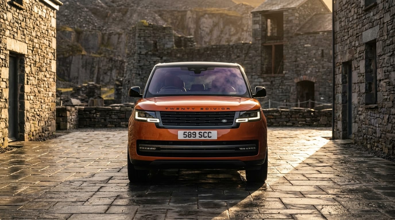 Orange Range Rover Twenty Edition parkerad på stenbelagd innergård framför historiska stenhus i gyllene timmens ljus.