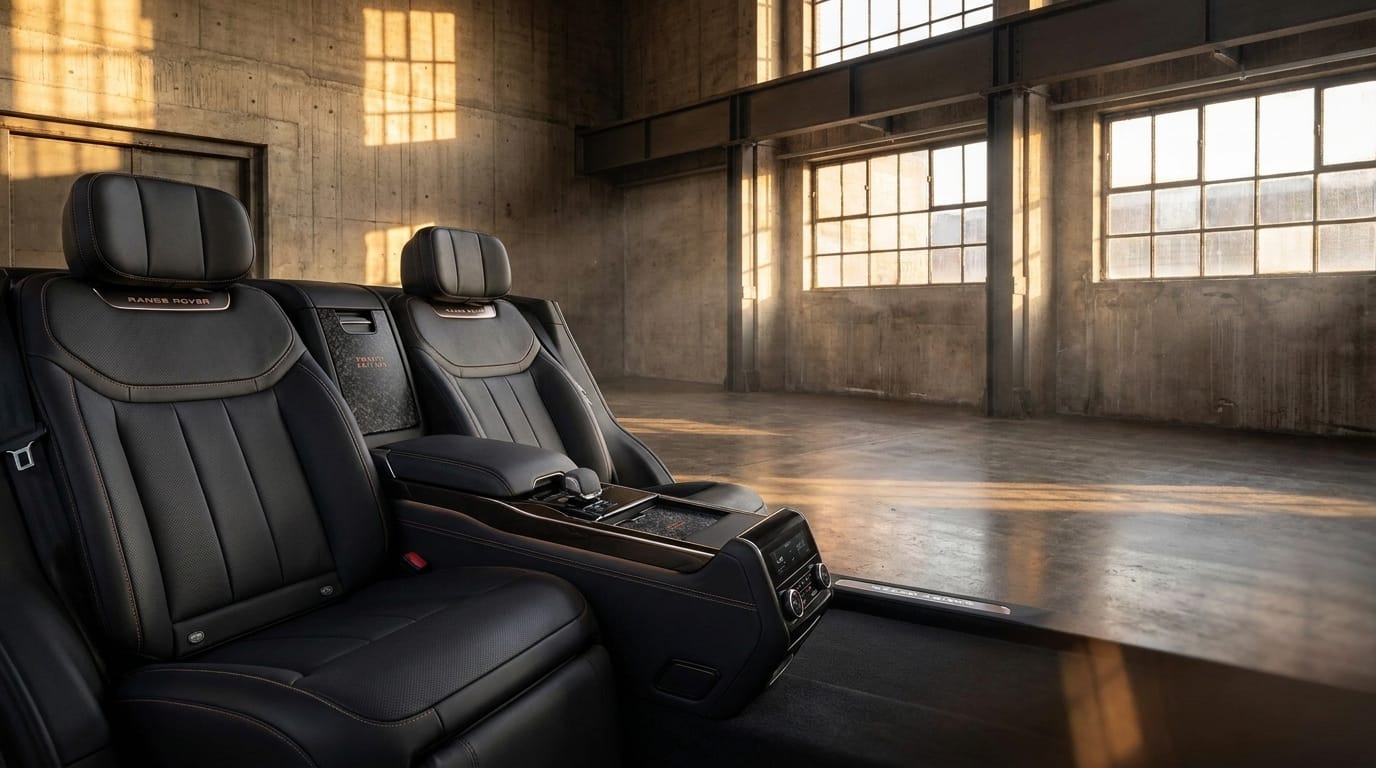 Baksätet i Range Rover Twenty Edition med lädersäten och mittkonsol, uppställd i en stor industrilokal.