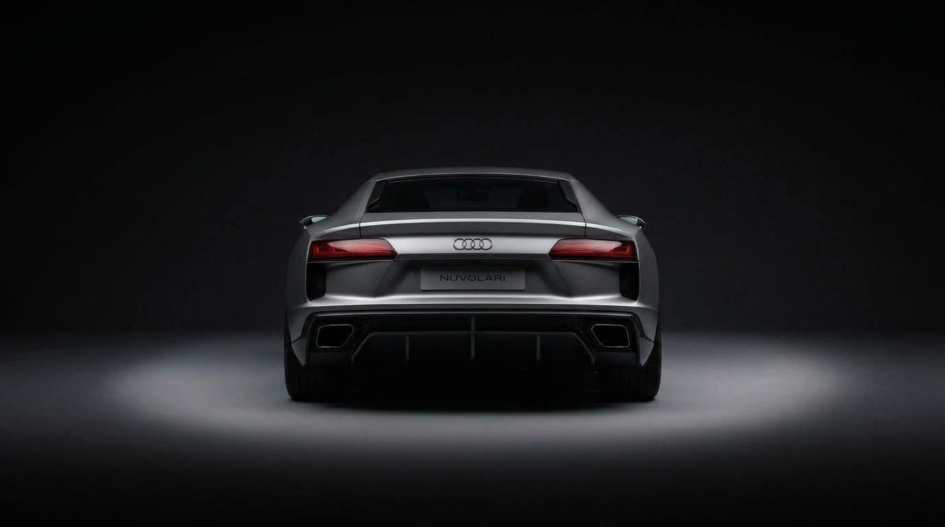 Bakifrån av silverfärgad Audi Nuvolari Prototype i en mörk studio, upplyst av en svag ljuspunkt på det släta golvet.