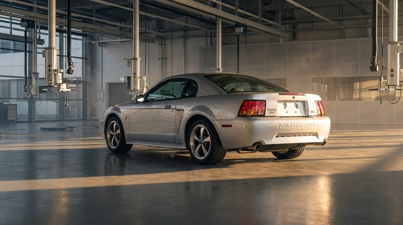 Silverfärgad mustang boss 351 i bakre trekvartsvy parkerad på ett ljust industrigolv inomhus.