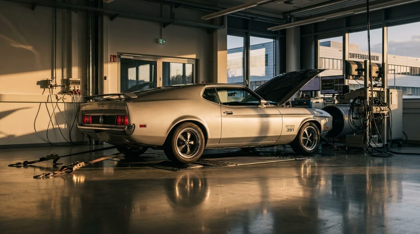 Klassisk silverfärgad Ford Mustang-konceptbil på en dynorulle i en modern testanläggning under gyllene timmen.