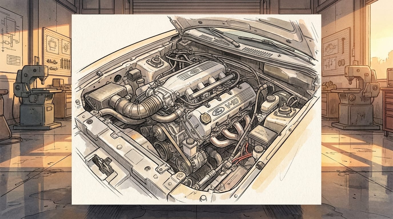 Handritad illustration av en Ford V10-motor i ett motorrum i en verkstad.