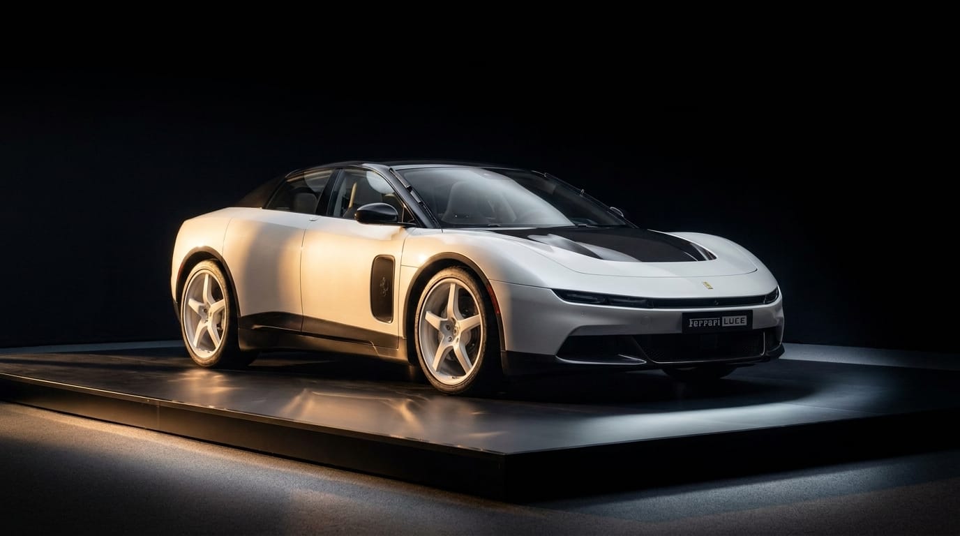 En låg front trekvartsvy av en vit och svart Ferrari Luce i en minimalistisk mörk studio med vita femekrade lättmetallfälgar.