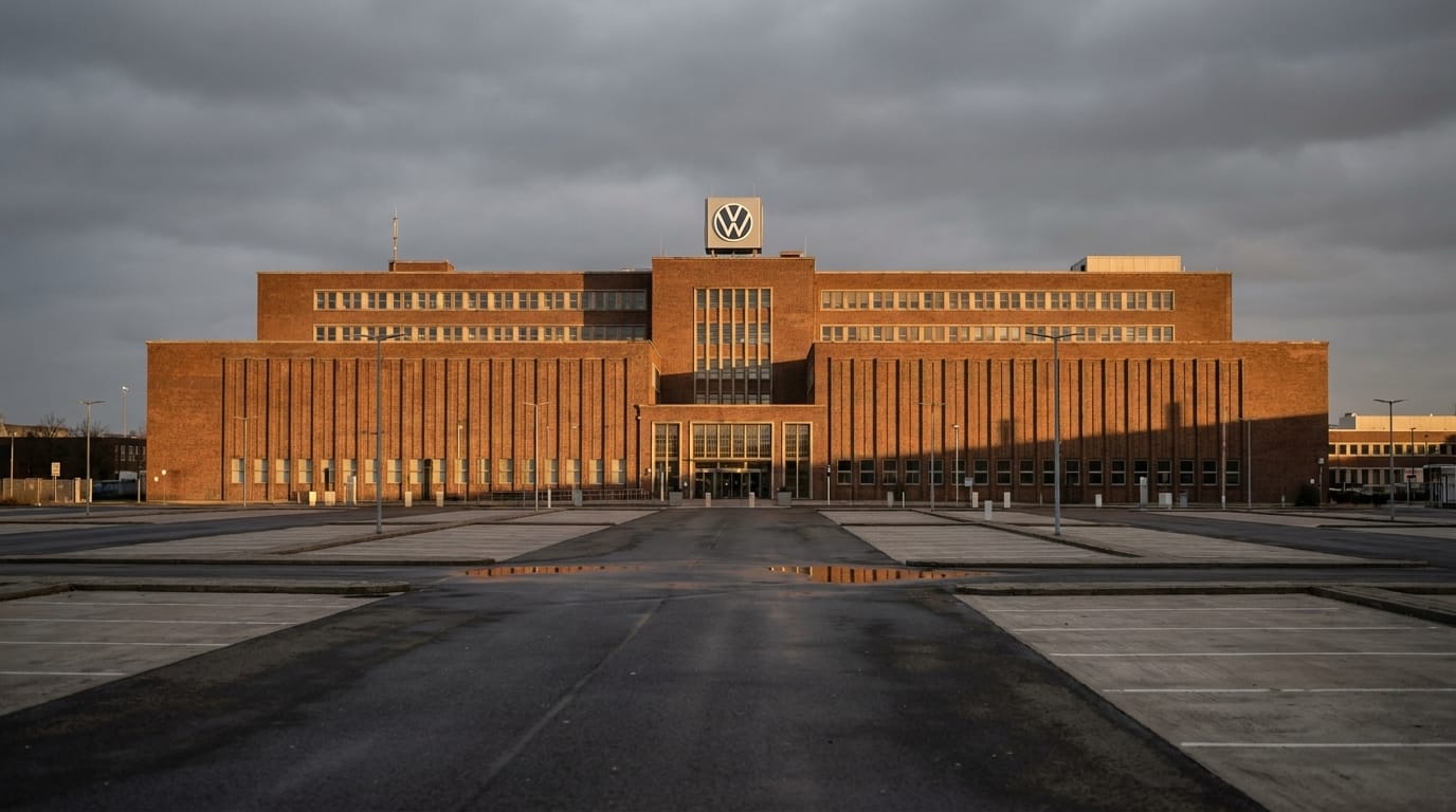 Den monumentalna exteriören av Volkswagens huvudkontor i Wolfsburg under en mulen himmel med en tom parkeringsplats i förgrunden.