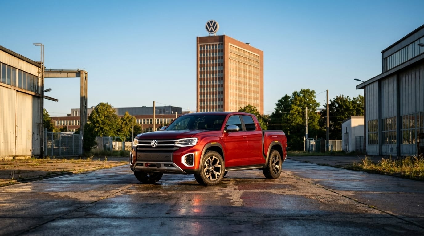 En röd modern Volkswagen-pickup parkerad på en industriell yta vid Böblingen Motorworld.
