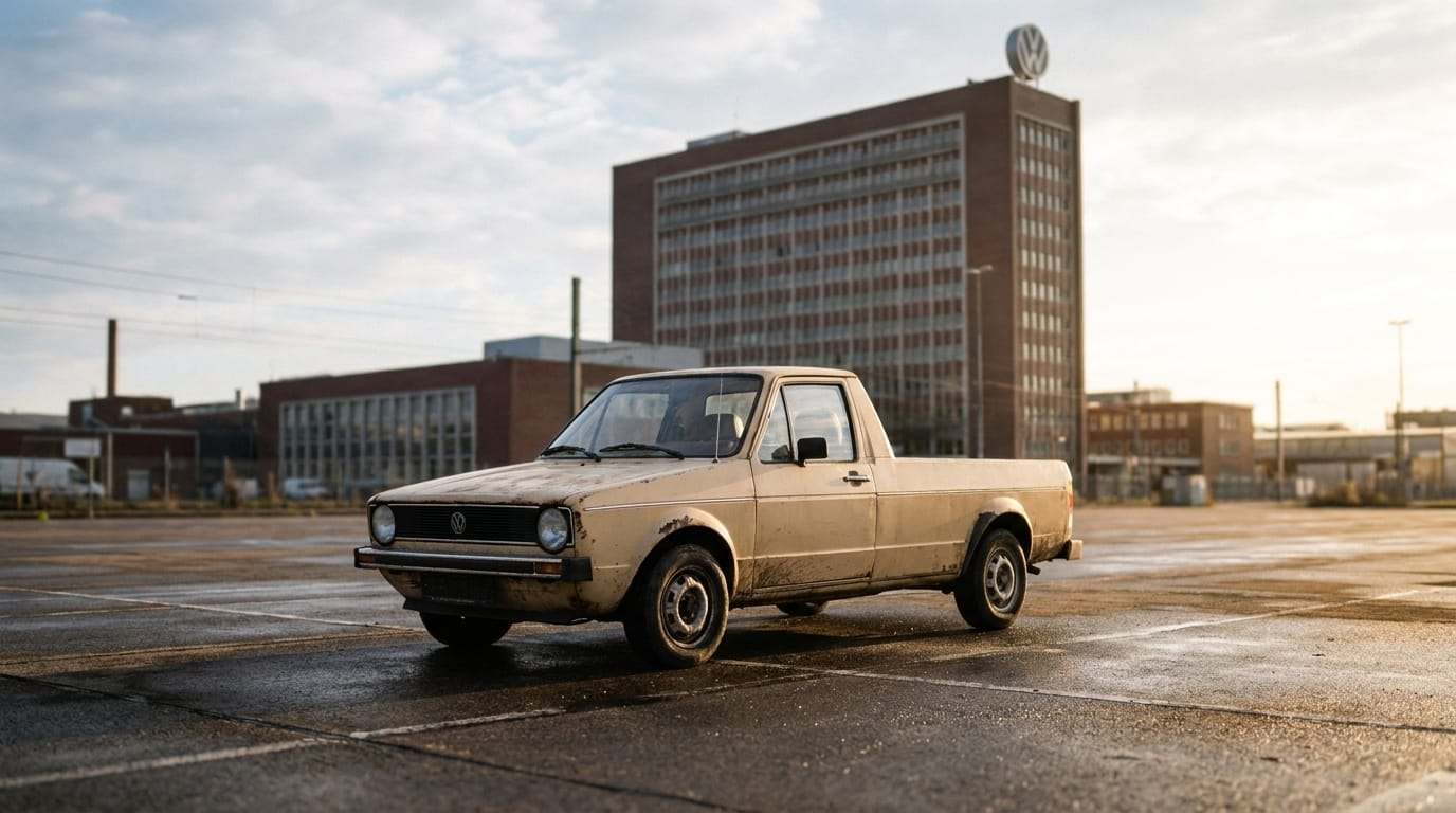 En sliten Volkswagen Caddy pickup från tidigt 1980-tal parkerad på en asfaltplan framför en industribyggnad i gyllene kvällsljus.