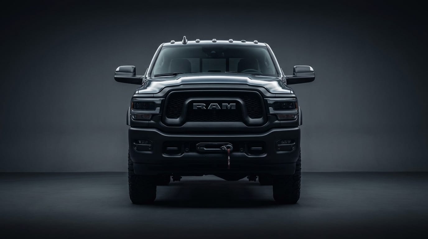 Framifrån av en mörkgrå Ram 2500 HD Power Wagon stående i en mörk fotostudio med dämpad belysning.