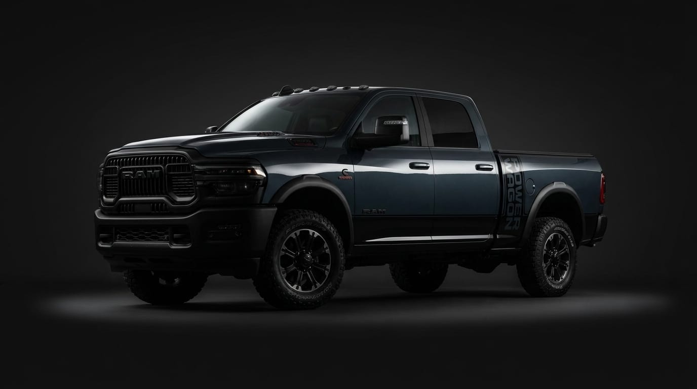 Ram 2500 HD Power Wagon uppställd i en mörk studio med kontrollerat ljus från sidan.