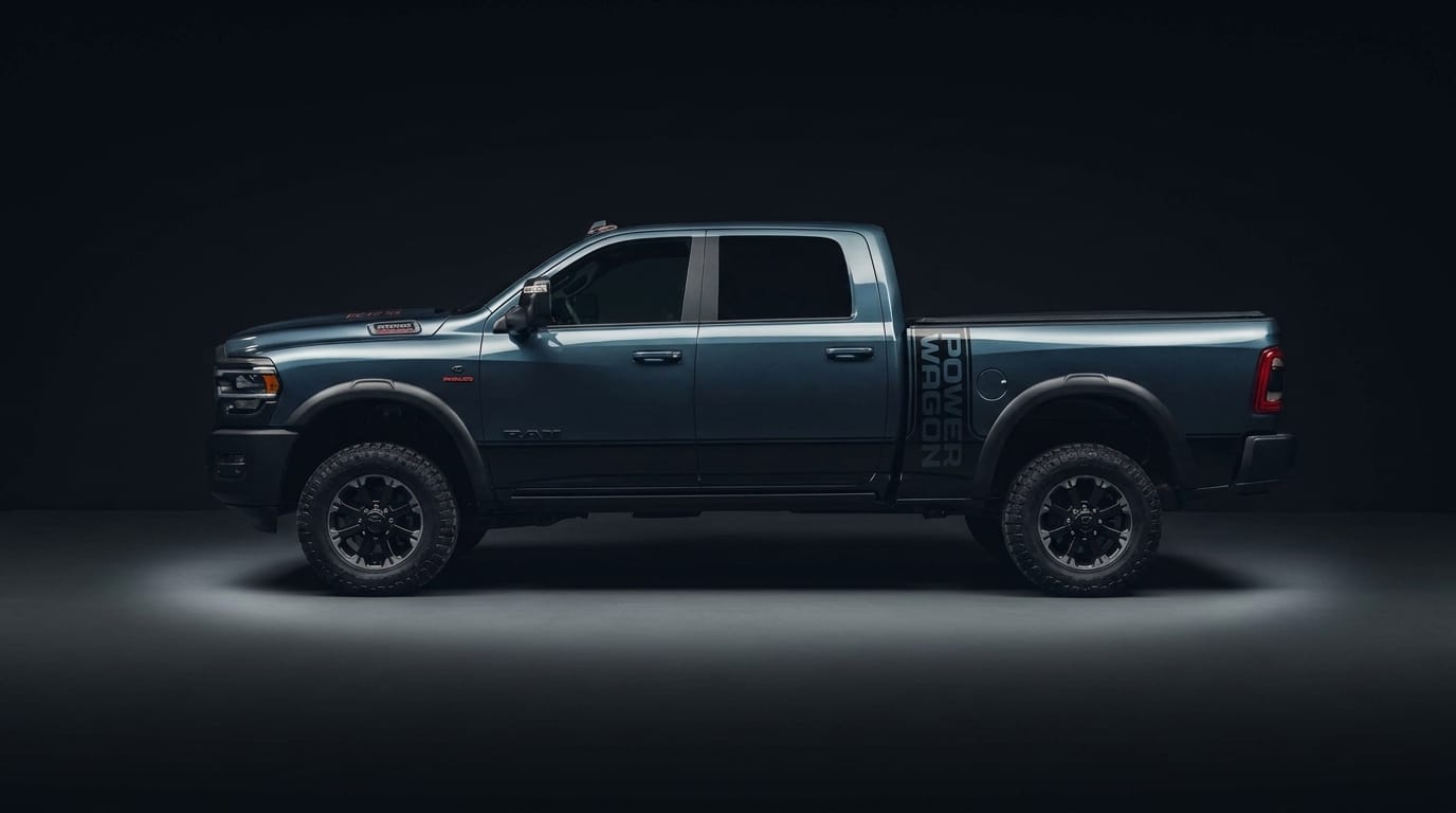Sidoprofil av en Ram 2500 HD Power Wagon i mörk studiofotografering med subtilt ljus.