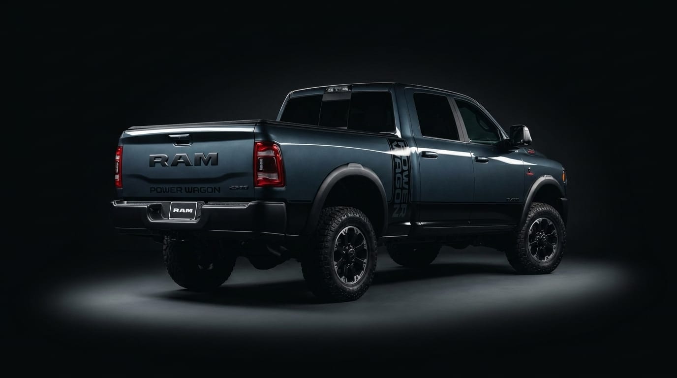Ram 2500 HD Power Wagon sedd från bakre trekvartsvinkel i en mörk studio.