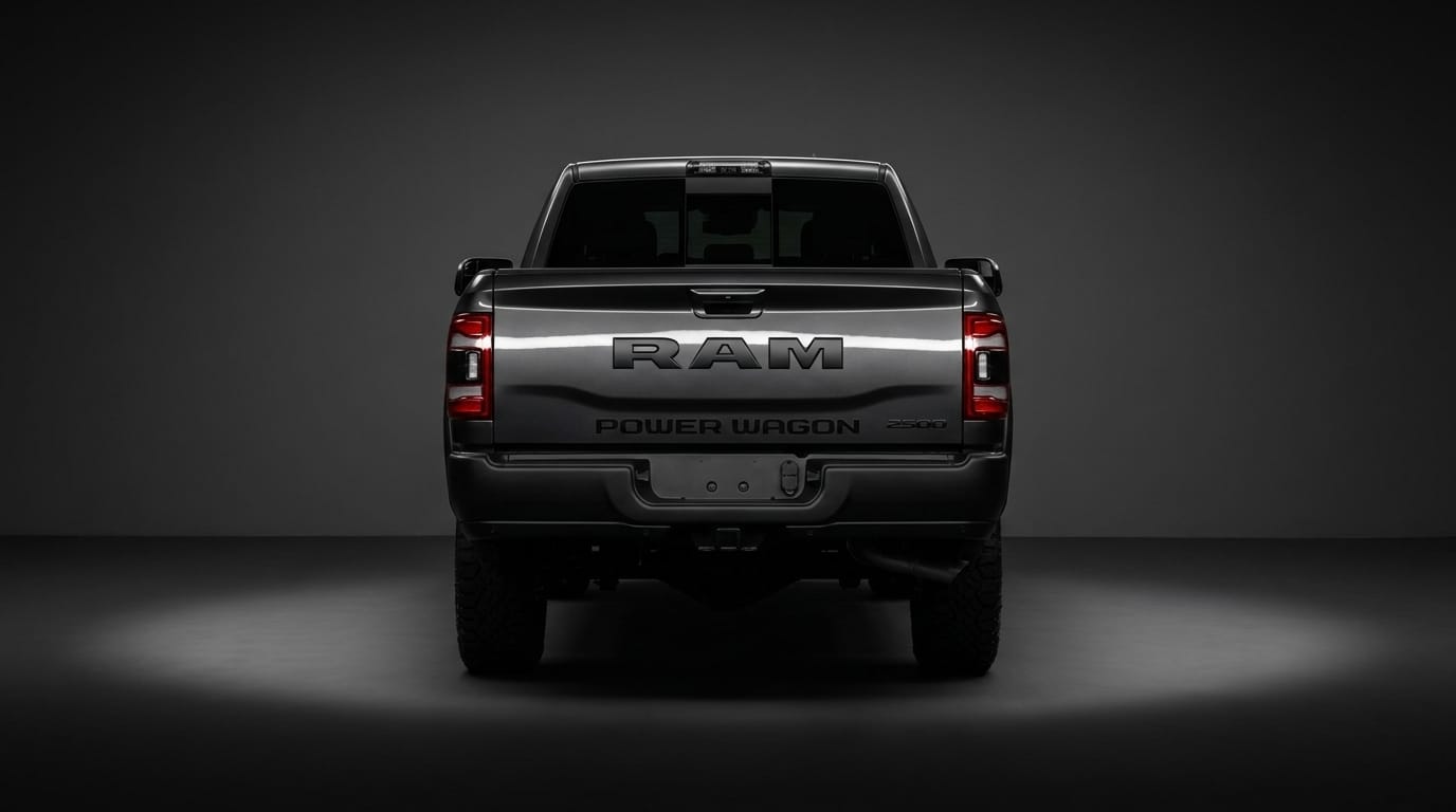 Ram 2500 HD Power Wagon sedd rakt bakifrån i en mörk studio.