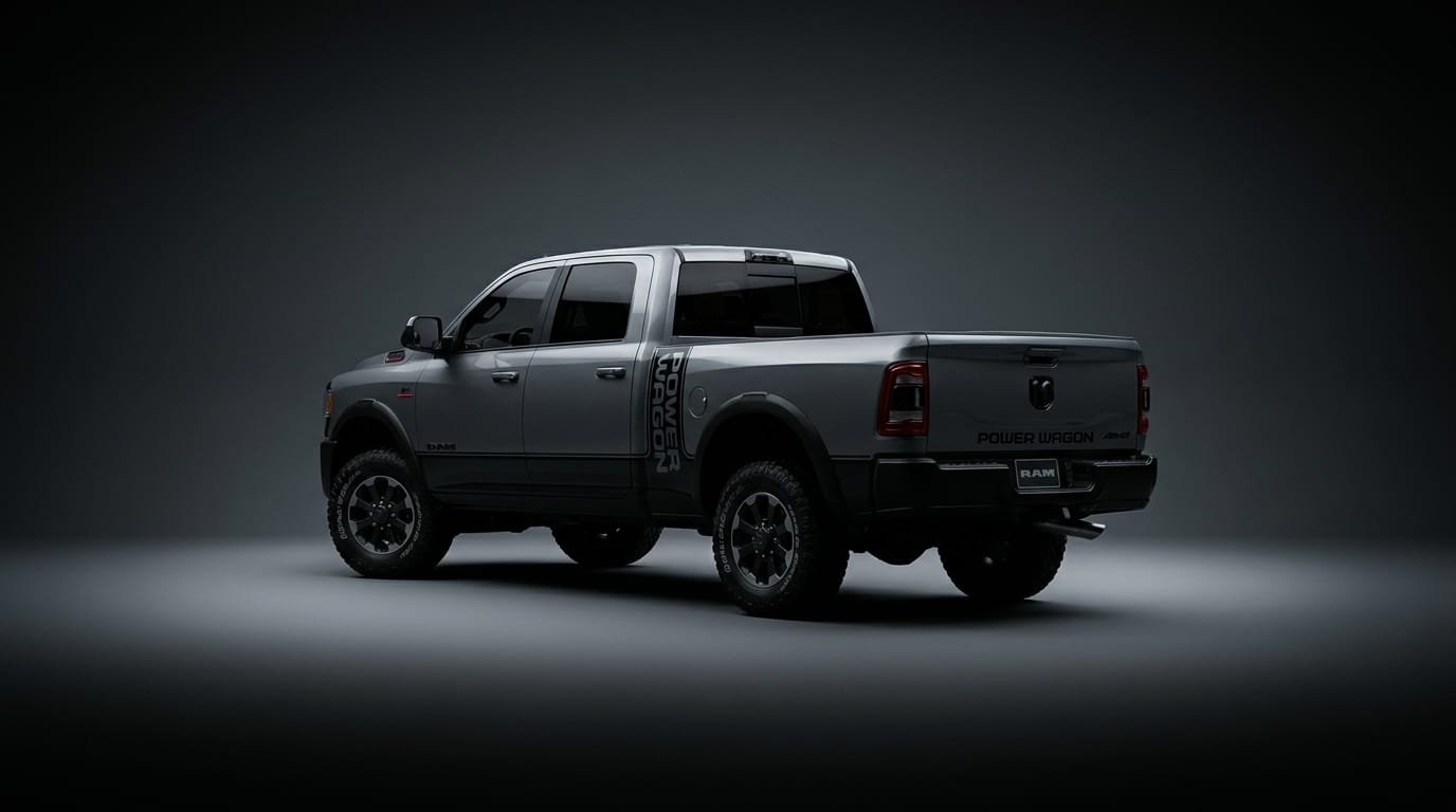 Silver Ram 2500 HD Power Wagon fotograferad i en mörk studio med dämpad belysning från bakre trekvartsvinkel.
