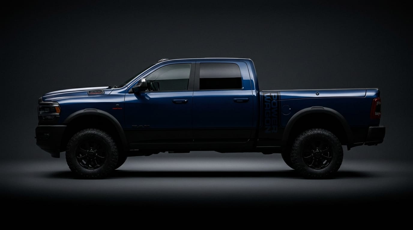 Blå Ram 2500 HD Power Wagon i profil i en mörk studio med dämpad belysning.