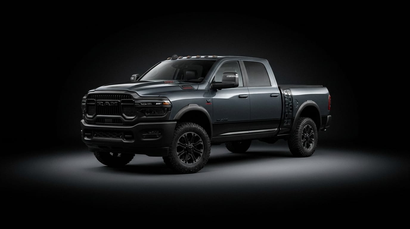 Ram 2500 HD Power Wagon sedd från motsatt främre trekvartsvinkel i en mörk studio.
