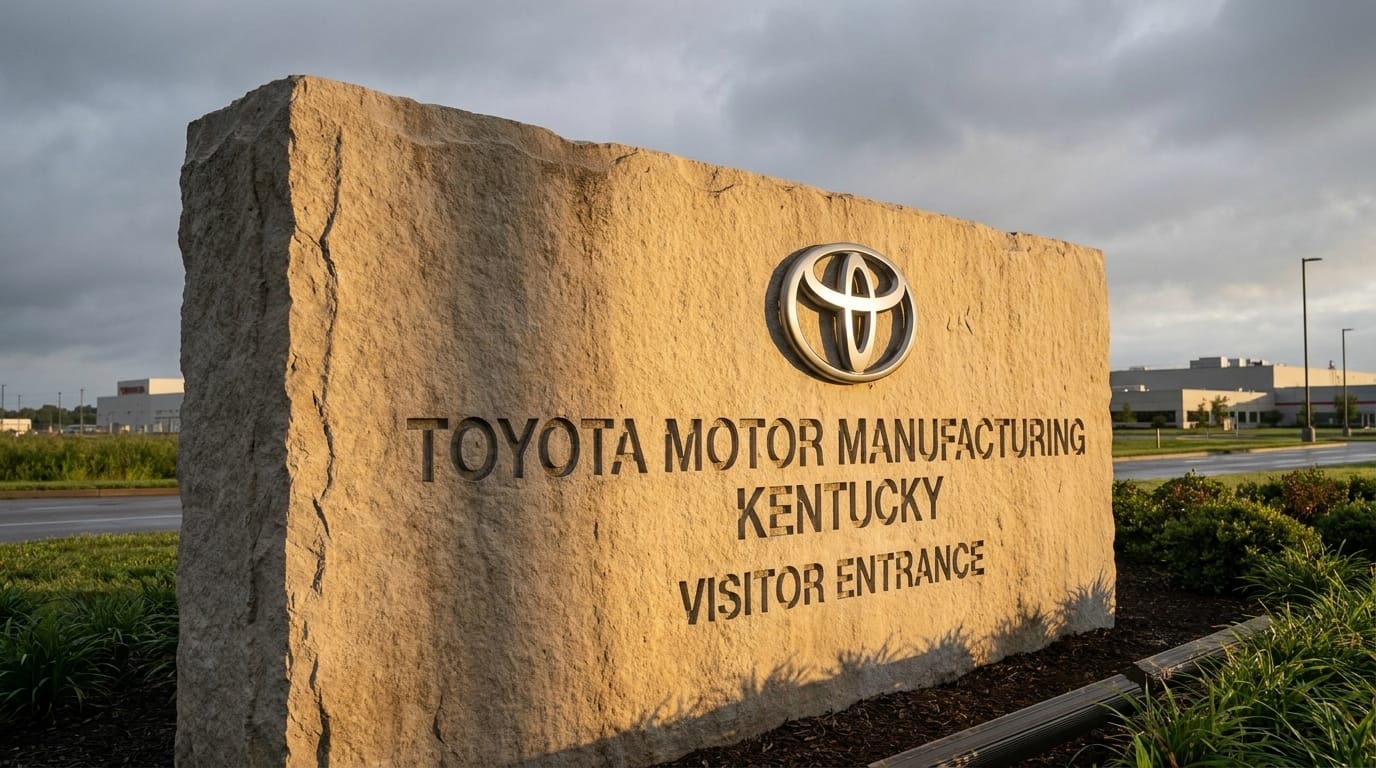 En stor kalkstensskylt med texten Toyota Motor Manufacturing Kentucky Visitor Entrance och Toyotas logotyp i solljus.