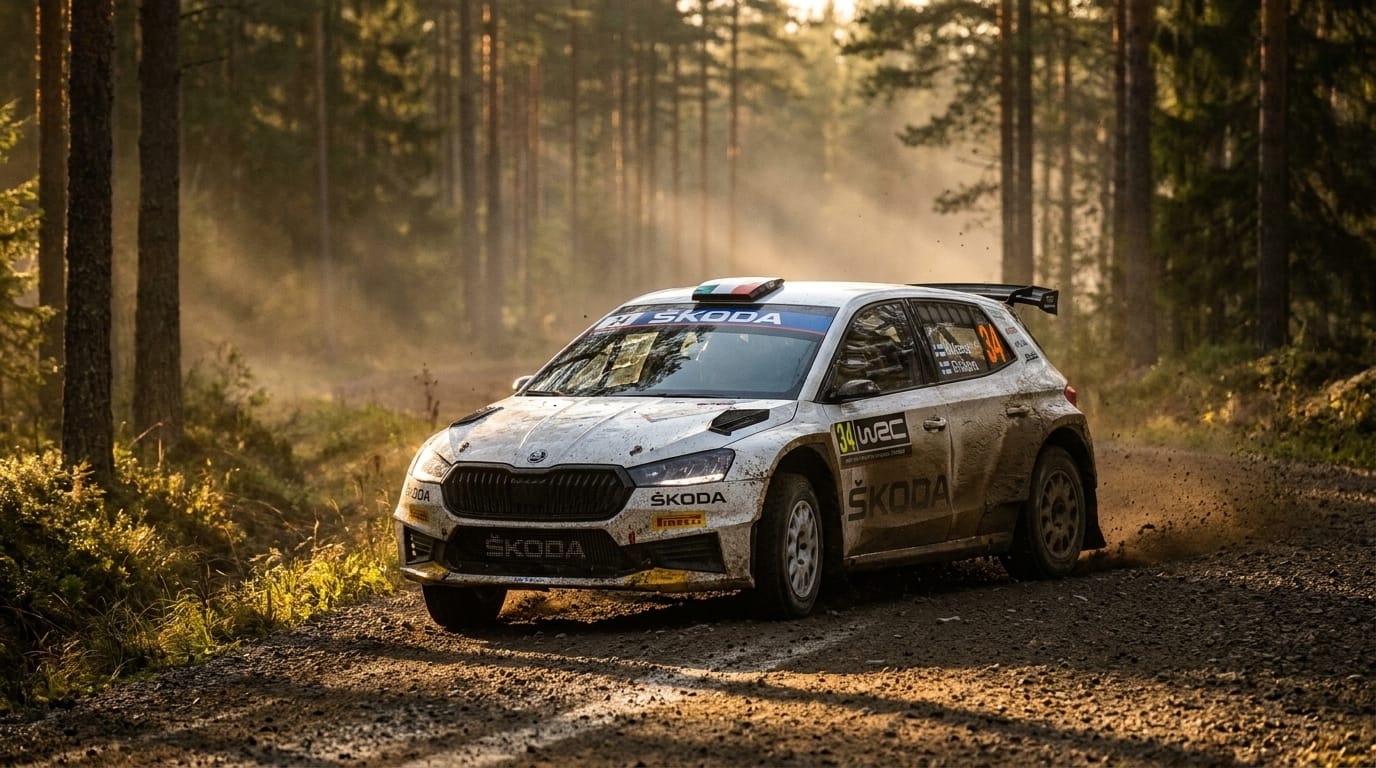 En lera och grus täckt Škoda Fabia RS Rally2 kör på en skogsväg i solnedgången.