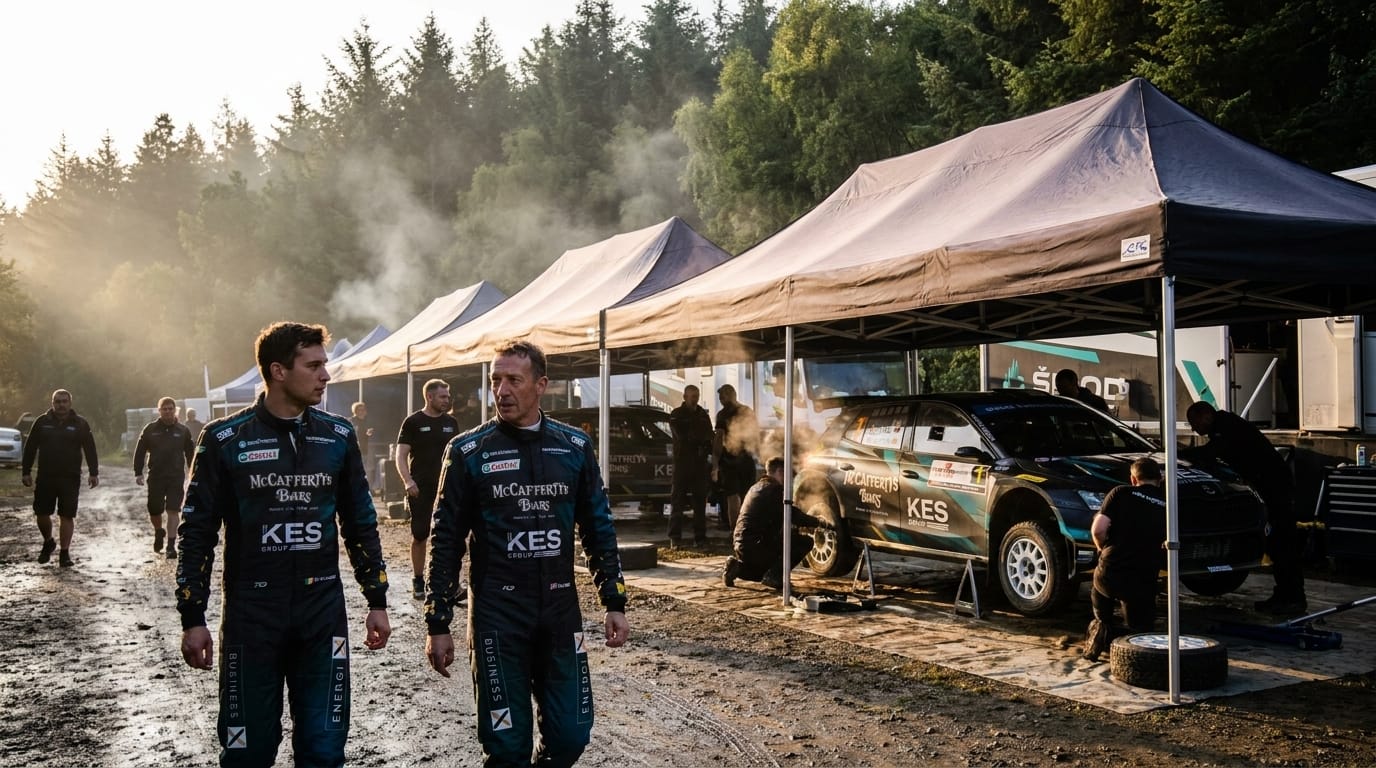 En rallybil kör genom ett kuperat landskap.
