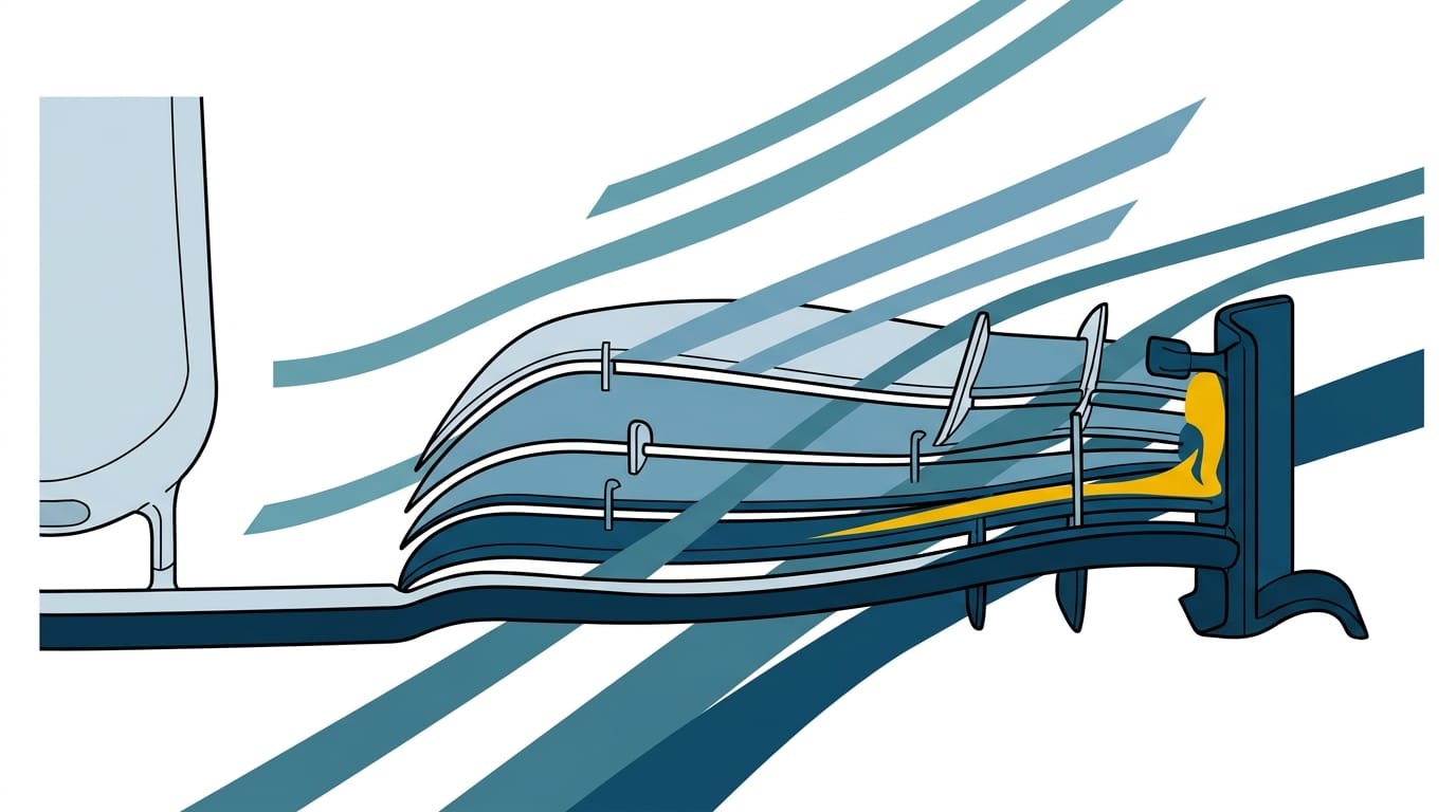 Grafisk illustration av luftflödessimulering över en Formel 1-framvinge.