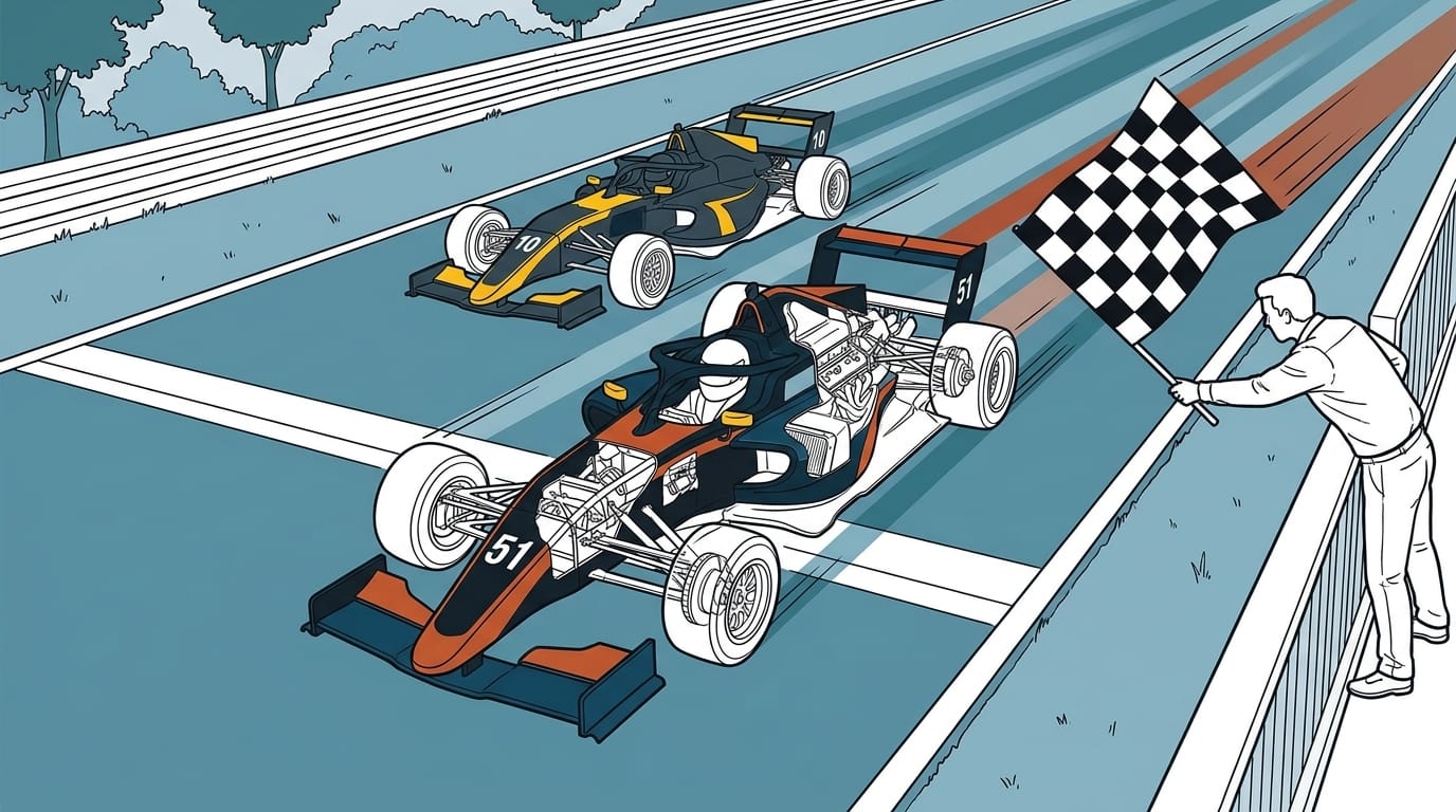 Illustration av tvà formelbilar som passerar mállinjen vid Croft Circuit medan en funktionär viftar med en rutig flagga.