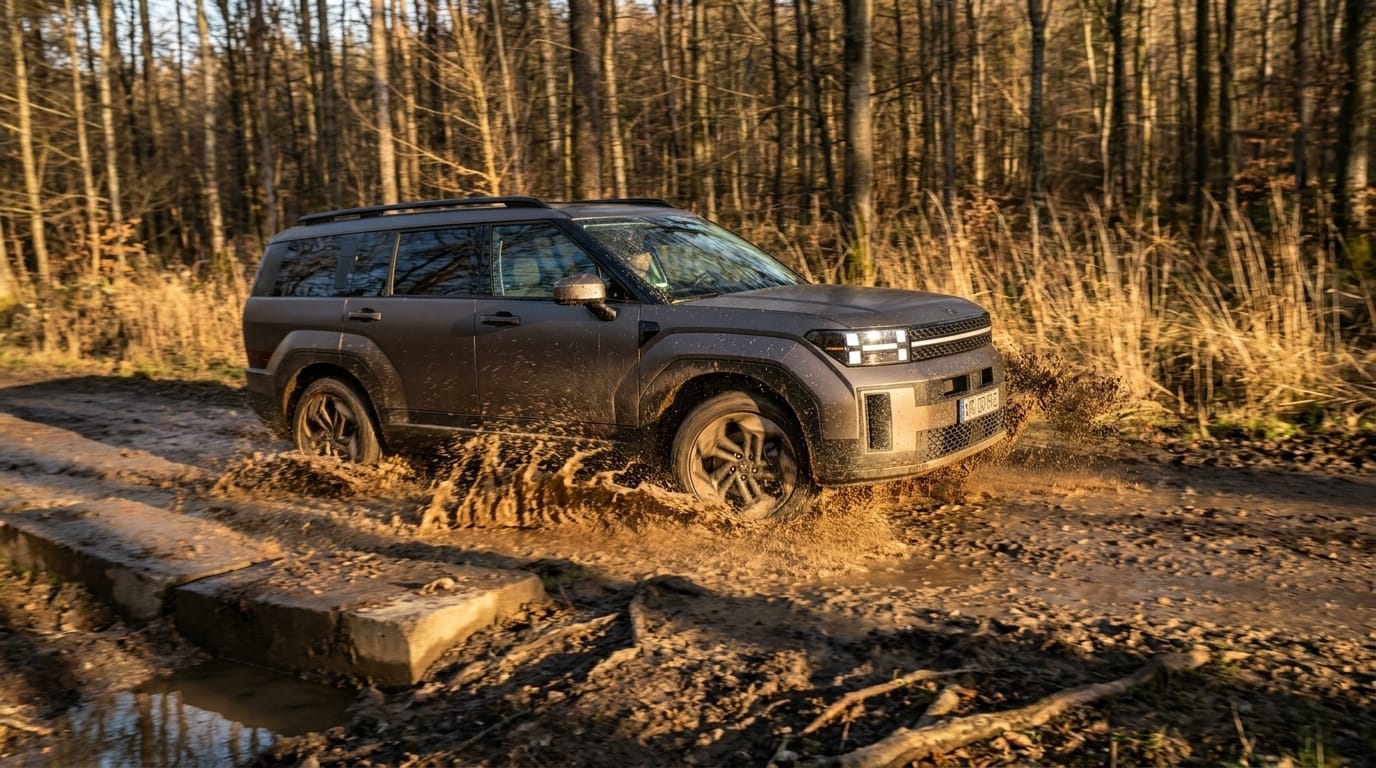 En modern mörkgrå SUV kör dynamiskt genom en lerpöl på en skogsväg omgiven av trädstammar.