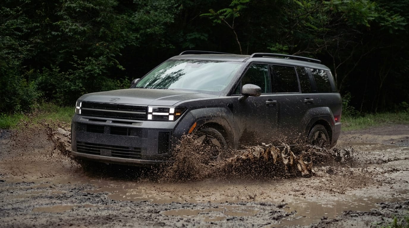 Mörkgrå, kantig SUV stänker lera från en djup vattenpöl på ett skogsvägdike i en tät skog.
