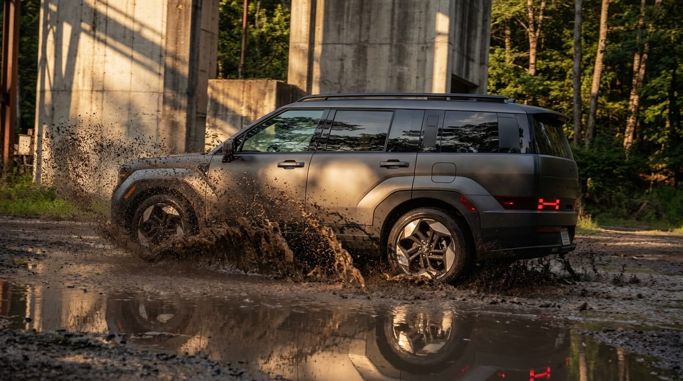 En mörkgrå SUV kör snabbt genom en vattenpöl på en skogsväg med betongpontonbelysning och länkade länkstänk.
