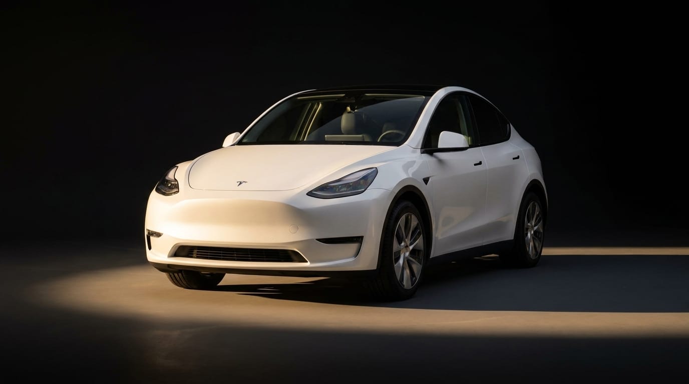 Vit Tesla Model Y parkerad i en mörk studio i trekvartsvy framifrån.