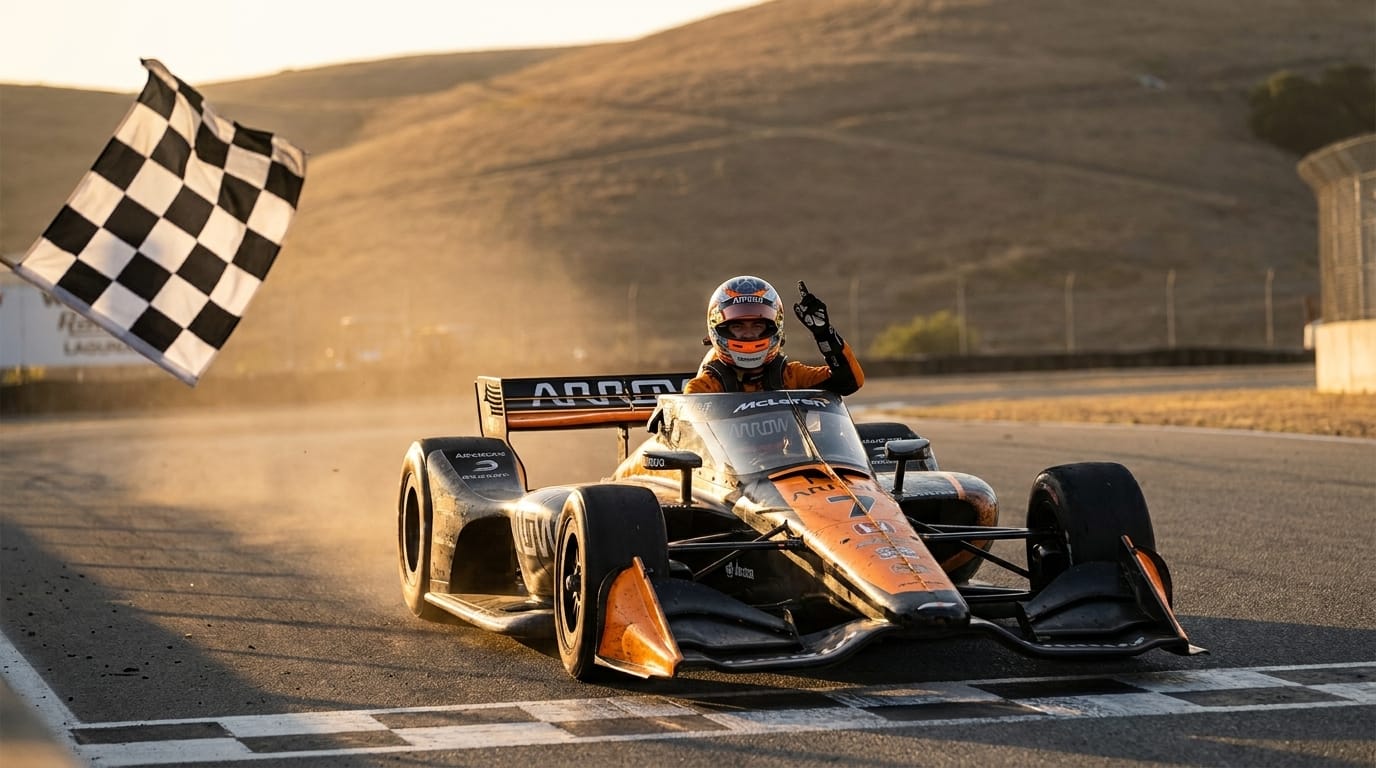 En IndyCar-bil passerar mållinjen vid säsongsfinalen under gyllene timmen, med en våtflagg som viftas i bakgrunden.