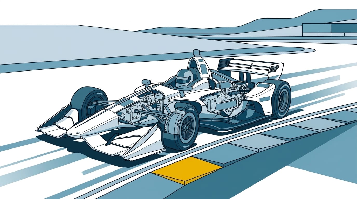 En illustrerad formelbil kör på racerbanan vid WeatherTech Raceway Laguna Seca.