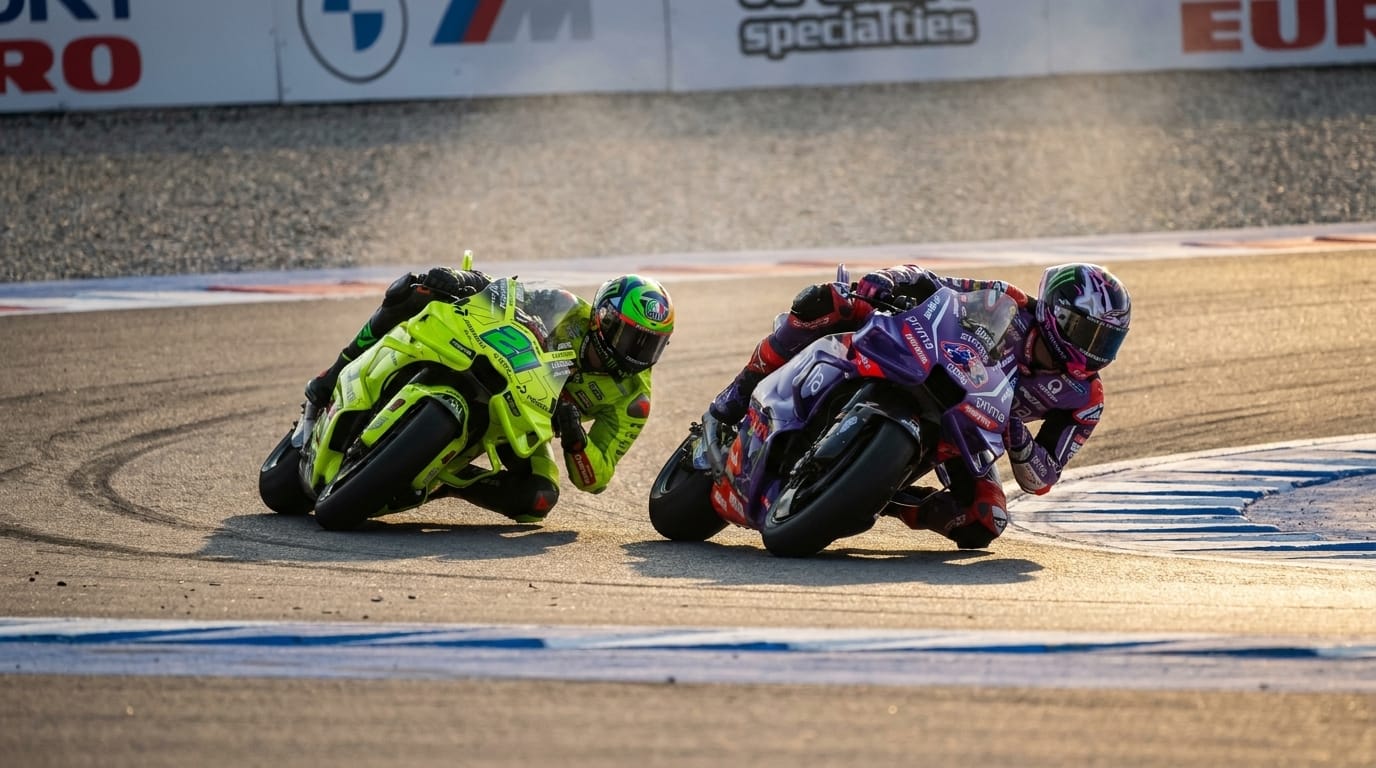 Två motorcykelracers lutar djupt i en skarp kurva på en bana, en neongul med nummer 21 och en mörklila med nummer 43.