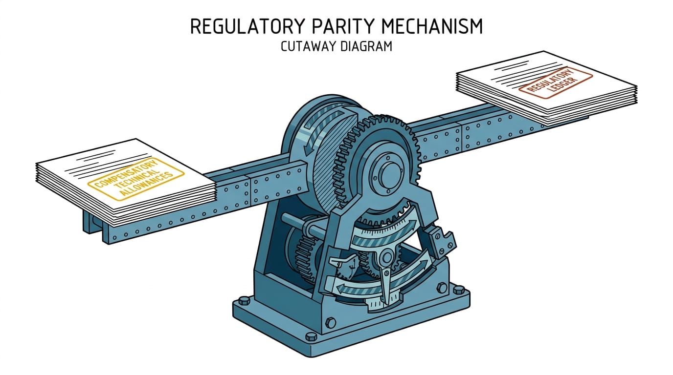 En teknisk illustration av en regulatorisk paritetsmekanism som en våg med kugghjul och flaggor på vit bakgrund.