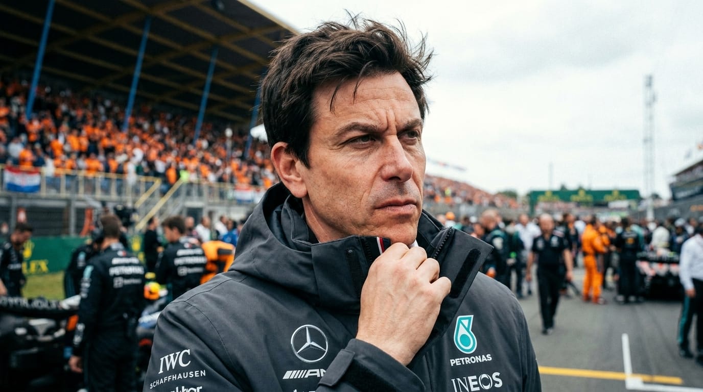 Medelålders man med mörkt hår och spänd blick i mörkgrå teamjacka i depån under ett Formel 1-lopp.